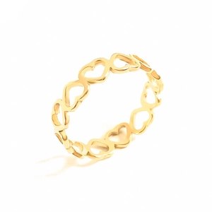 Close-up of a gold hollow heart-shaped ring band with elegant interconnected heart patterns