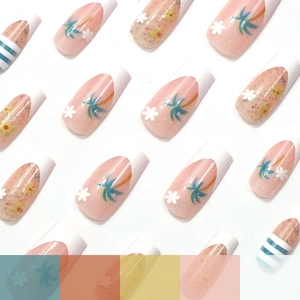 Classic French floral press-on nails with tropical palm trees and daisy nail art patterns