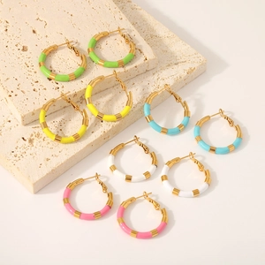 Colorful enamel hoop earrings with 18k gold plated stainless steel sections for women
