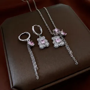 French luxury jewelry set with zircon bear pendant necklace and tassel earrings