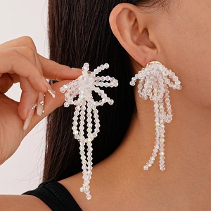 Elegant crystal bowknot earrings with multi-strand beaded tassels for a stylish women look