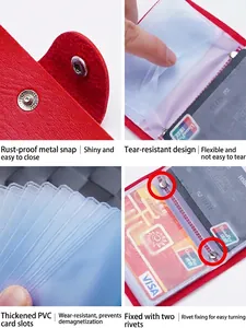 Red lychee grain leather card holder with secure metal snap and thick PVC sleeves