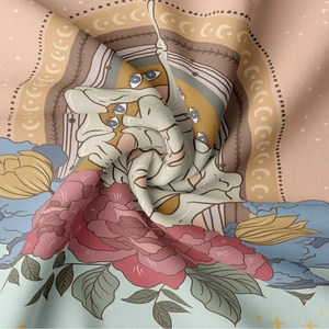 Artistic tarot wall tapestry featuring hand with wand and mystic rose illustration
