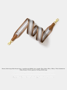 Close-up of a 5cm wide striped woven bag strap with brown leather and gold hardware