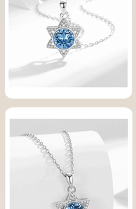 Detail of S925 silver necklace featuring a hexagram pendant with blue center stone