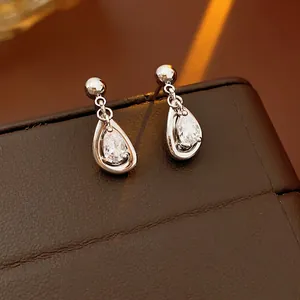 Teardrop Dangle Earrings Zircon Pear Cut Copper Jewelry With Silver Earring Post Light Luxury Minimalist For Women