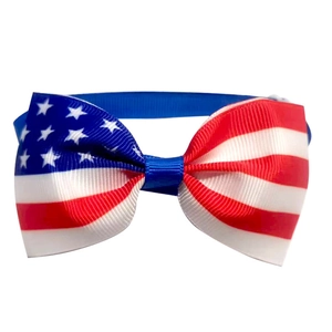 Independence Day pet bow tie with American flag pattern on grosgrain ribbon