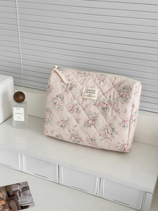 Beauty case trapuntato con motivo floreale rosa e grande capacità per i viaggi e trucchi