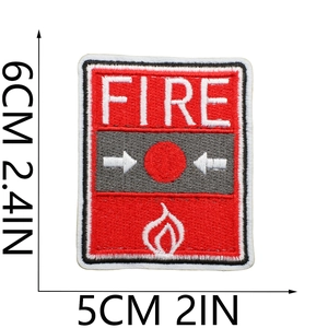 Detailed view of fire hydrant embroidered patch showing red texture and size measurements