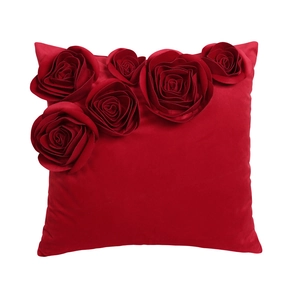 Romantic red velvet square pillow cover with handmade 3D roses for wedding home decor