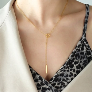 Minimalist 18K gold titanium steel Y-necklace with adjustable ring and tassel pendant