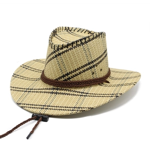 Classic Western straw cowboy hat with plaid pattern and adjustable chin strap