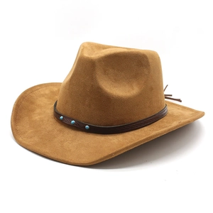 Classic western cowboy hat in camel suede featuring ethnic turquoise rivet leather band