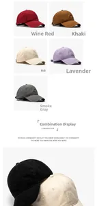 Detailed close-up of six-panel cotton baseball caps in multiple colors with top vents