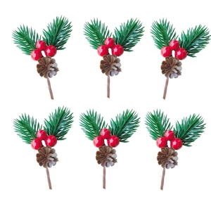 Christmas pine needle picks with red berries and pinecones set of 6 on white background