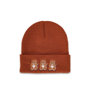 Cute Bears Embroidery Knitted Beanie Soft Acrylic Warm Winter Cold Weather Hat Caramel Brown Cuffed Fashion For Men Women