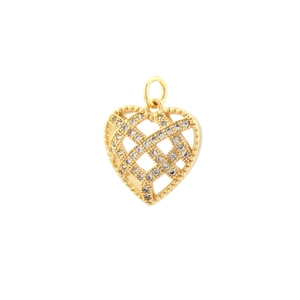 Close-up of golden hollow heart pendant with micro-pave zircons and lattice design