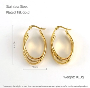 Detailed view of 18k gold plated stainless steel triple hoop earrings with dimensions