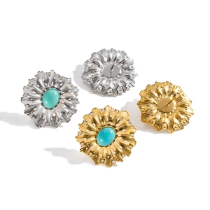 Elegant vintage stainless steel flower earrings with turquoise stone and crystals