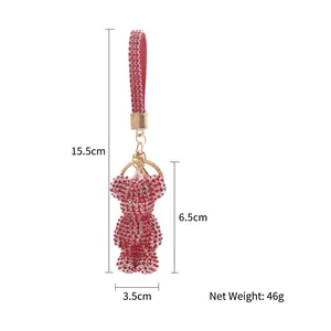 Sparkling red rhinestone bear keychain with crystal wrist strap and golden ring