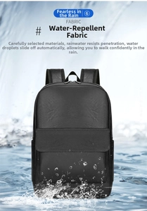 Close-up of the water-repellent fabric on the black business travel backpack in water splashes