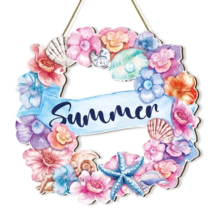 Summer beach wooden hanging sign with nautical shells and watercolor floral wreath