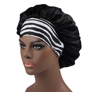 Black satin hair bonnet with zebra print headband for curly hair protection
