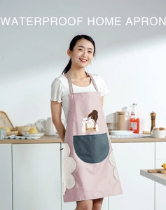 Pink waterproof kitchen apron with cute cartoon girl print and large front storage pocket