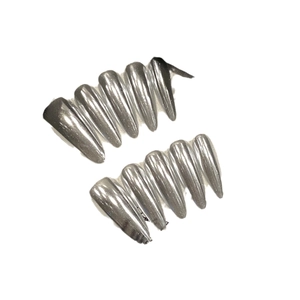 Mirror chrome metallic silver press-on nails in long almond shape on white background