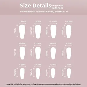 Size chart for yellow rhinestone long ballerina press-on nails showing 12 different dimensions