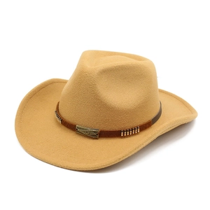 Detail of western wool fedora with brown faux leather belt and bronze buckle hardware