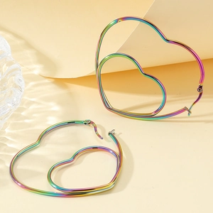 Boucles D'oreilles Créoles Cœur Surdimensionnées Arc-En-Ciel Coloré Acier Inoxydable Double Couche Design Pour Femmes