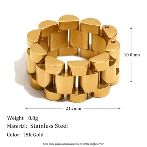 Minimalist 18K gold-plated stainless steel watch strap style ring for women on white background