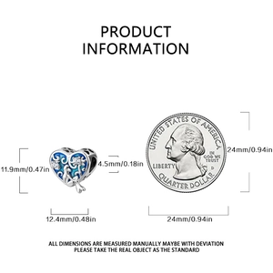 Size chart for blue heart charm bead showing 11.9mm height next to a quarter coin