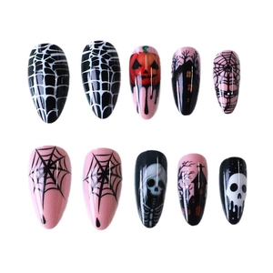 Pink and black Halloween almond press-on nails with pumpkin, spider web and skull designs