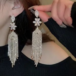 Flower Design Rhinestone Long Tassel Earrings With 925 Sterling Silver Earring Post Luxury Jewelry For Women Wedding Party