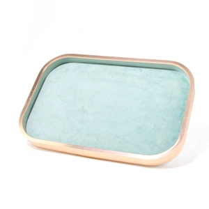 Detailed view of jewelry tray with mint green velvet lining and brushed gold metal frame