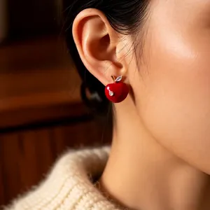 Elegant red cherry pendant earrings with silver needles and sparkling zircon accents