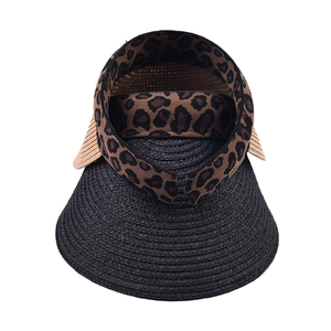 Women's wide brim straw sun visor with leopard print band for summer outdoor protection