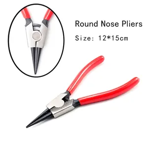 Detail of round nose pliers with red handles and size dimensions 12x15cm for DIY jewelry