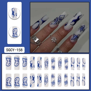 Long coffin glitter blue butterfly press-on nails with white flame art 24pcs set