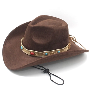 Detail of dark brown faux suede cowboy hat featuring turquoise beaded band and wind cord