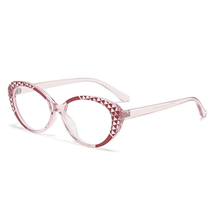 Pink cat eye blue light blocking glasses with geometric pattern on frame edges
