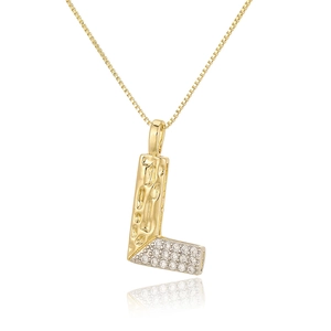 Detail of two-tone gold and silver letter L pendant with zircon stones and box chain