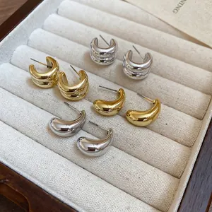 Minimalist High Polish Water Drop And Double Layer C Shaped Alloy Stud Earrings With 925 Sterling Silver Earring Post