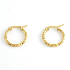Retro style twisted hoop earrings in 18k gold plated stainless steel on white backdrop