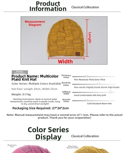 Size chart and specifications for warm fleece-lined mixed color knitted beanie hat