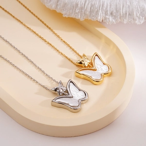 Titanium steel double butterfly necklace with 18K gold plating and mother-of-pearl inlay