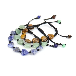 Handmade woven heart natural stone bracelets with adjustable black rope for women yoga