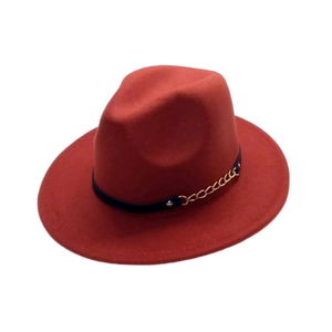 British style red wool fedora hat with elegant black leather band and gold chain detail